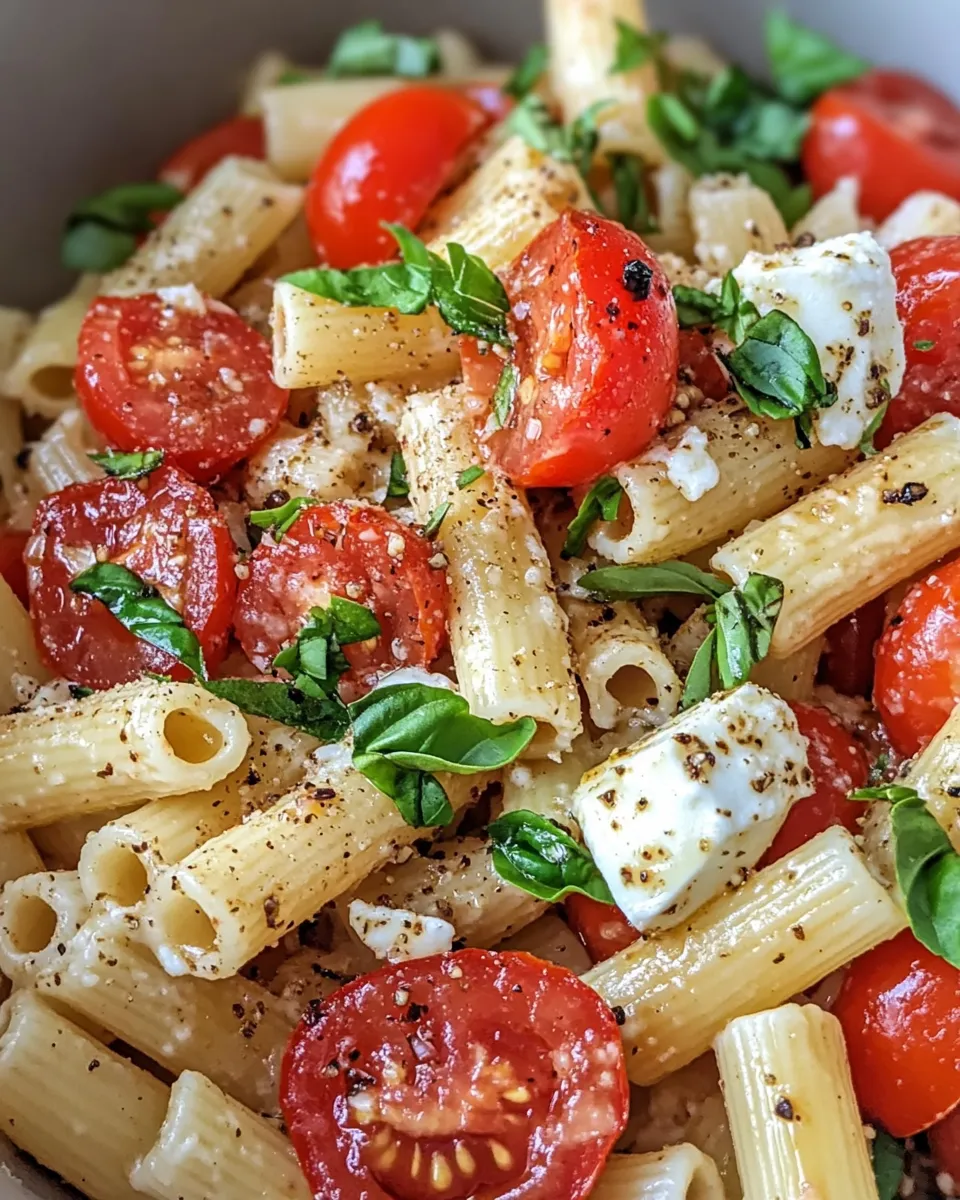 Easy Baked Caprese Pasta (Tomato, Mozzarella, Basil) food shot
