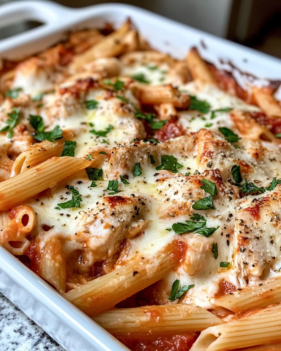 Delicious Baked Three-Cheese Chicken Penne plate image