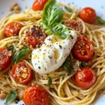 Homemade Burrata Pesto Spaghetti with Roasted Tomatoes recipe photo