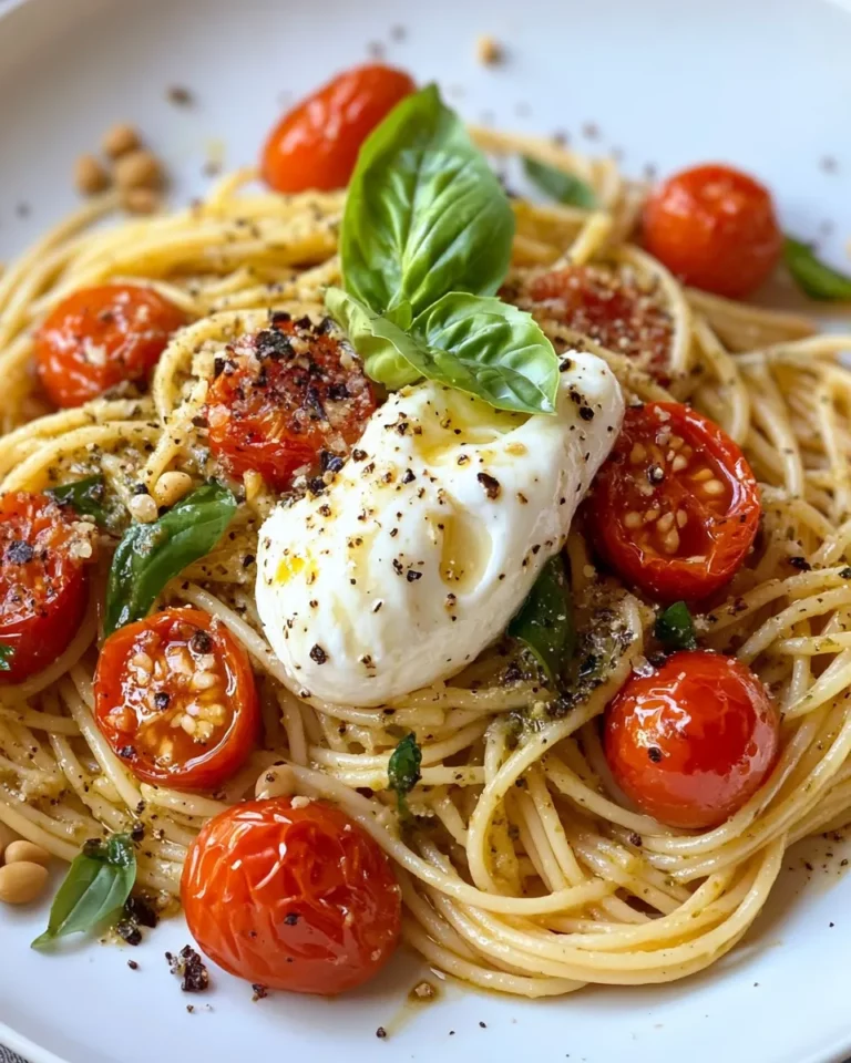 Homemade Burrata Pesto Spaghetti with Roasted Tomatoes recipe photo