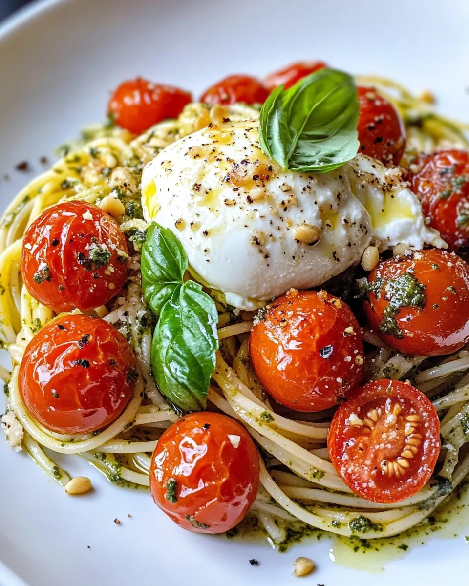 Classic Burrata Pesto Spaghetti with Roasted Tomatoes dish photo