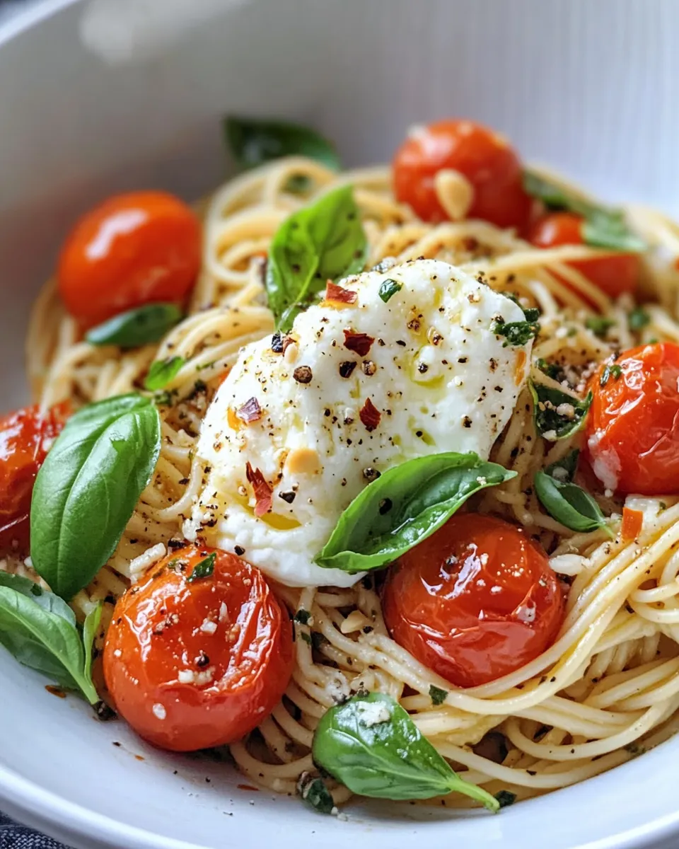 Easy Burrata Pesto Spaghetti with Roasted Tomatoes food shot
