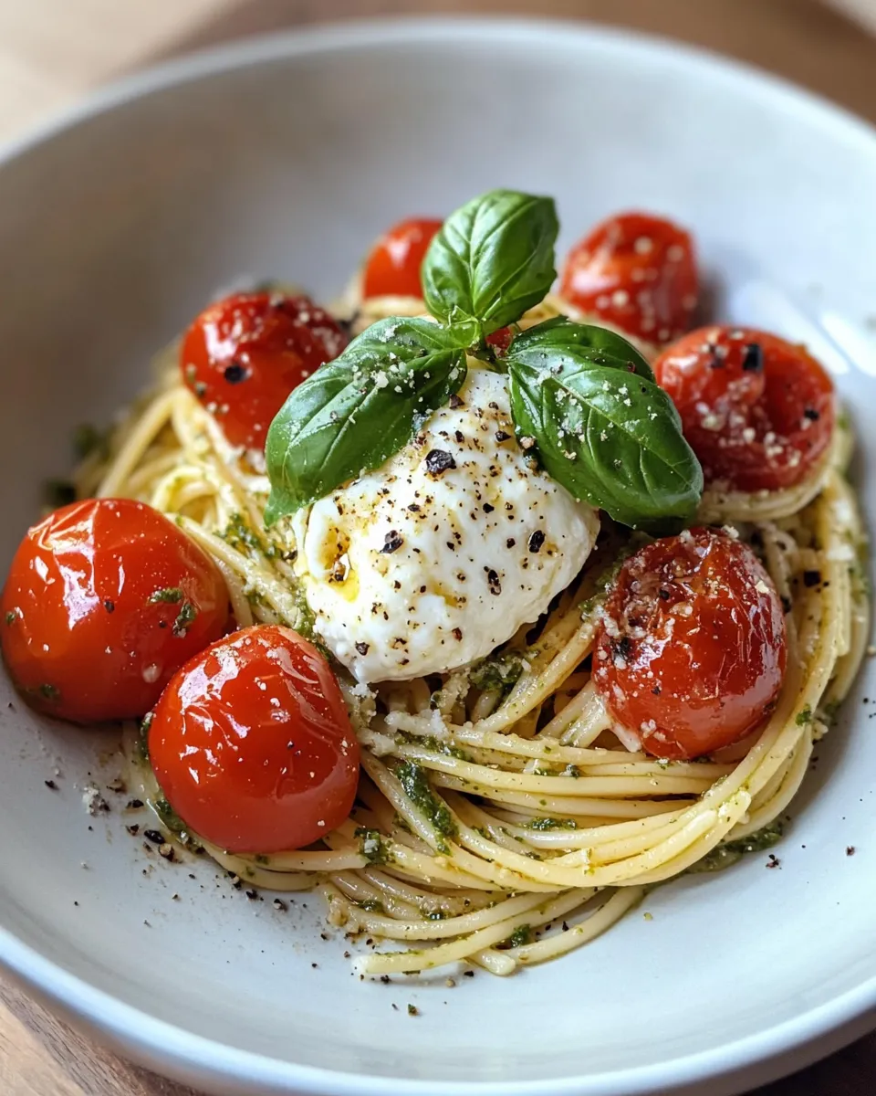 Delicious Burrata Pesto Spaghetti with Roasted Tomatoes image