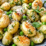 Homemade Creamy Basil Pesto Gnocchi with Peas dish photo