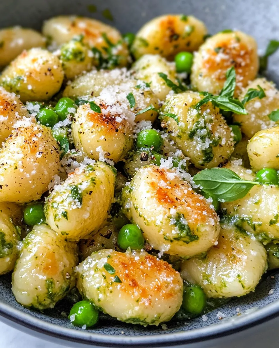 Homemade Creamy Basil Pesto Gnocchi with Peas dish photo
