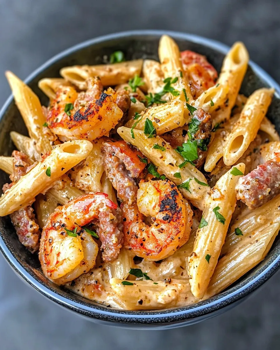 Classic Creamy Cajun Shrimp and Sausage Penne (chicken sausage) dish photo