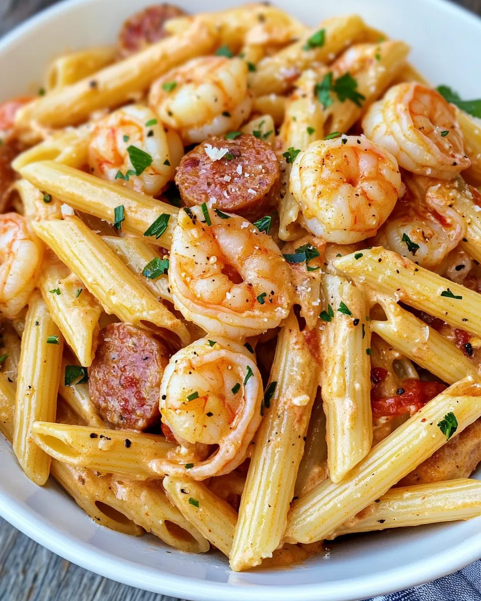 Easy Creamy Cajun Shrimp and Sausage Penne (chicken sausage) food shot