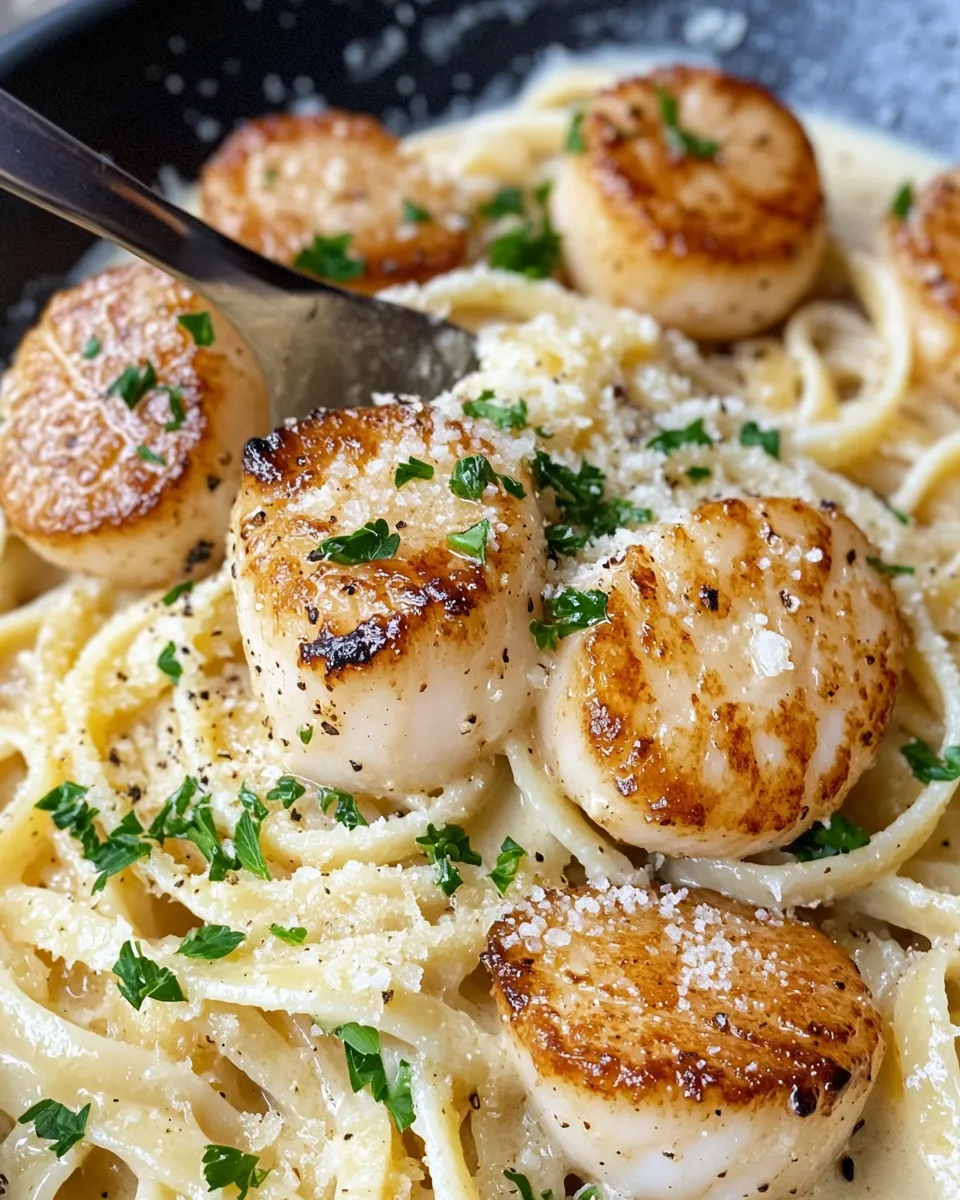 Easy Creamy Garlic Lemon Scallop Linguine food shot