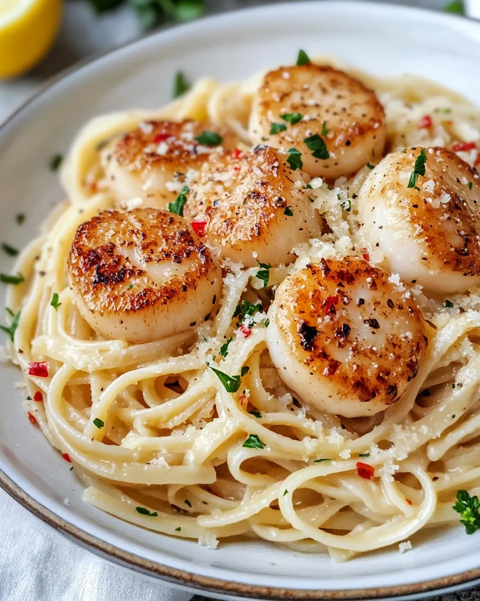 Delicious Creamy Garlic Lemon Scallop Linguine plate image