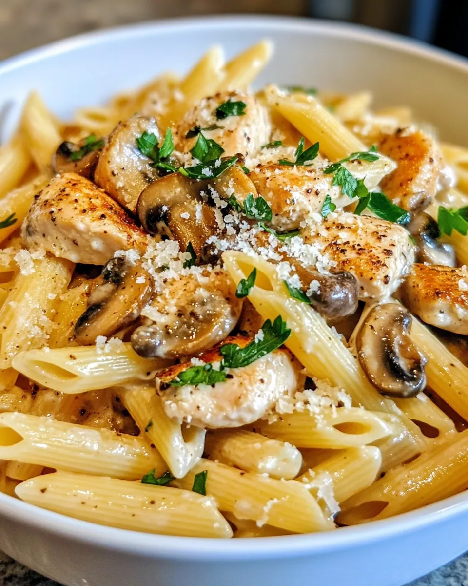 Easy Creamy Garlic Mushroom Chicken Penne food shot