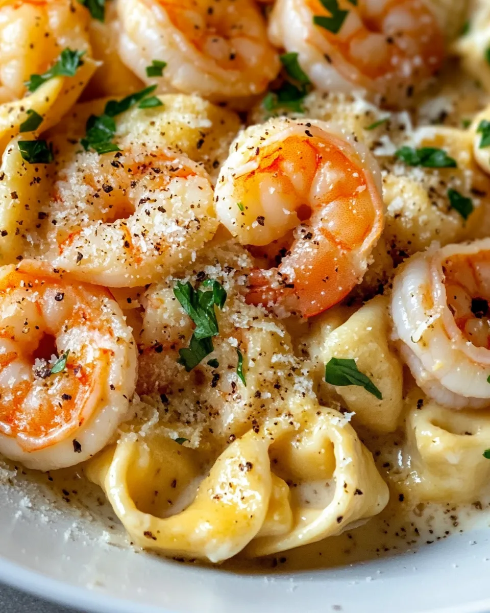 Easy Creamy Garlic Shrimp Tortellini food shot