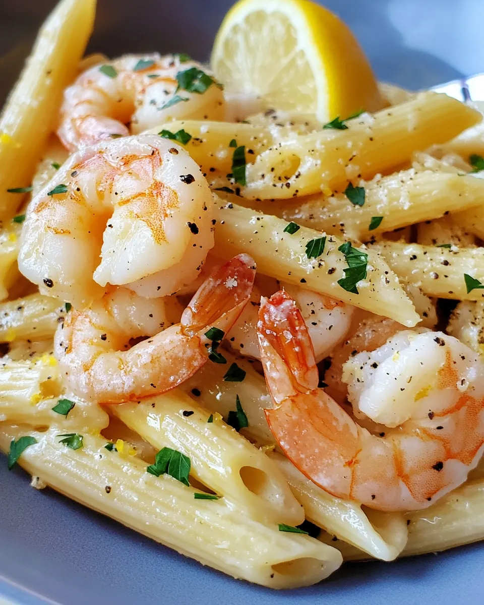 Easy Creamy Lemon Garlic Shrimp Penne food shot