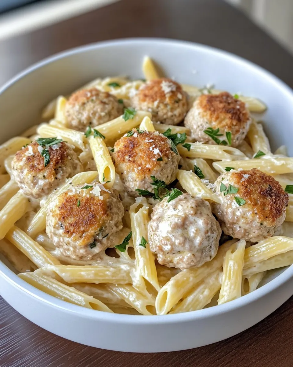 Easy Creamy Lemon Pepper Turkey Meatball Penne food shot