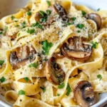 Homemade Creamy Mushroom Thyme Pappardelle food shot