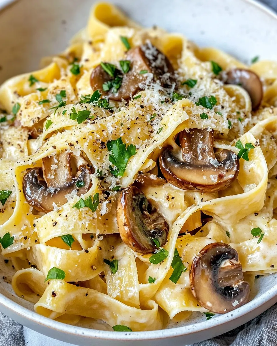 Homemade Creamy Mushroom Thyme Pappardelle food shot