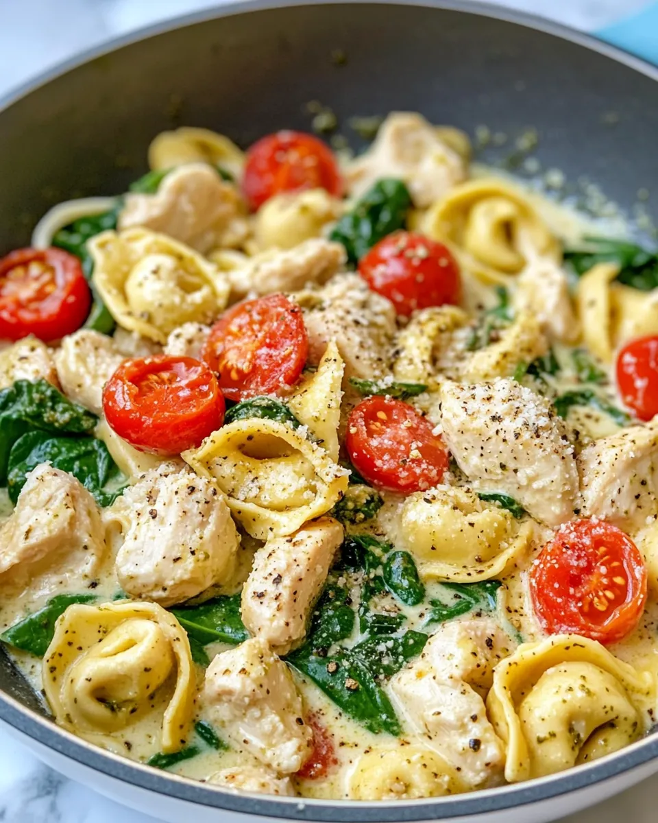 Easy Creamy Pesto Chicken Tortellini Skillet recipe photo