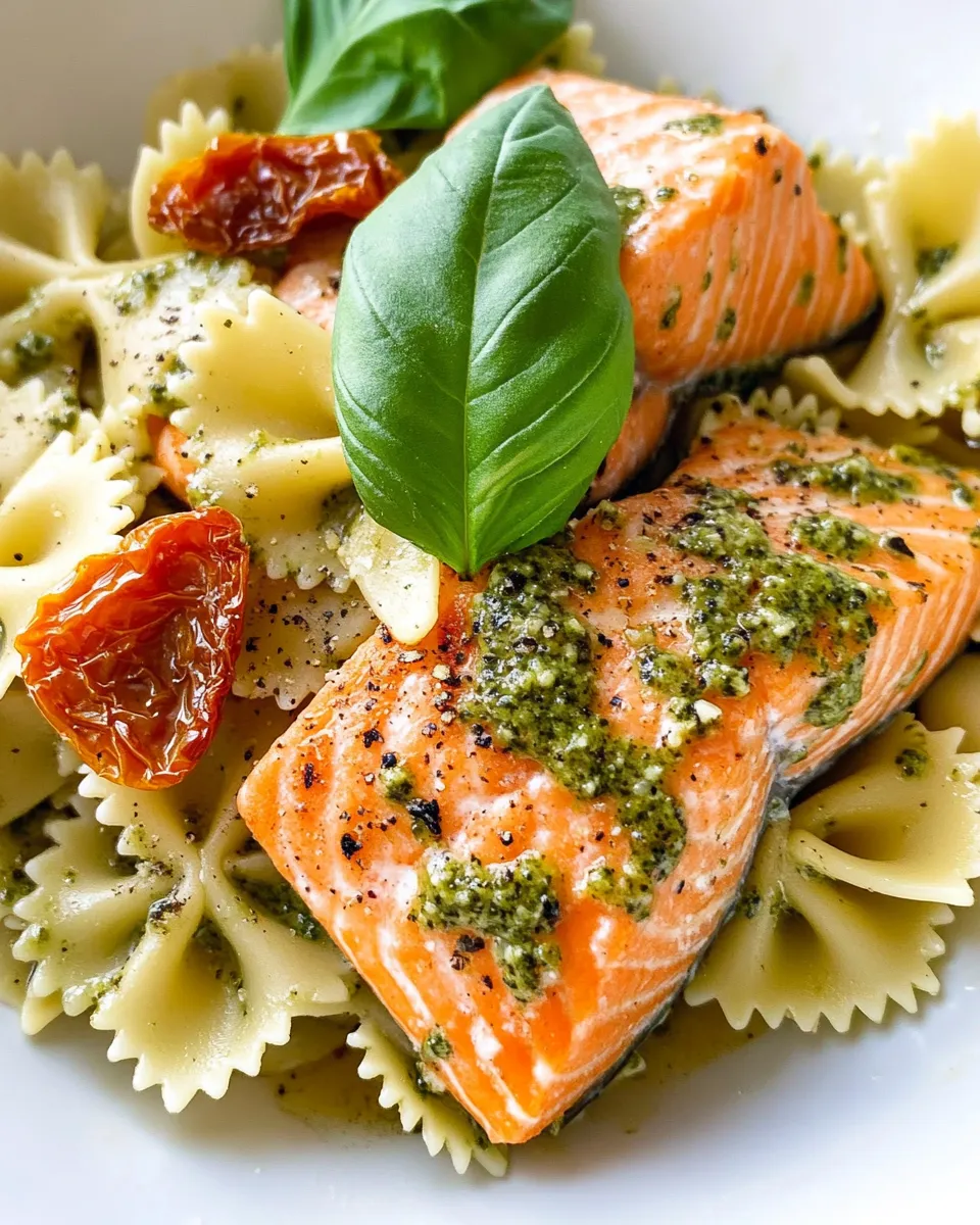 Easy Creamy Pesto Salmon Farfalle food shot