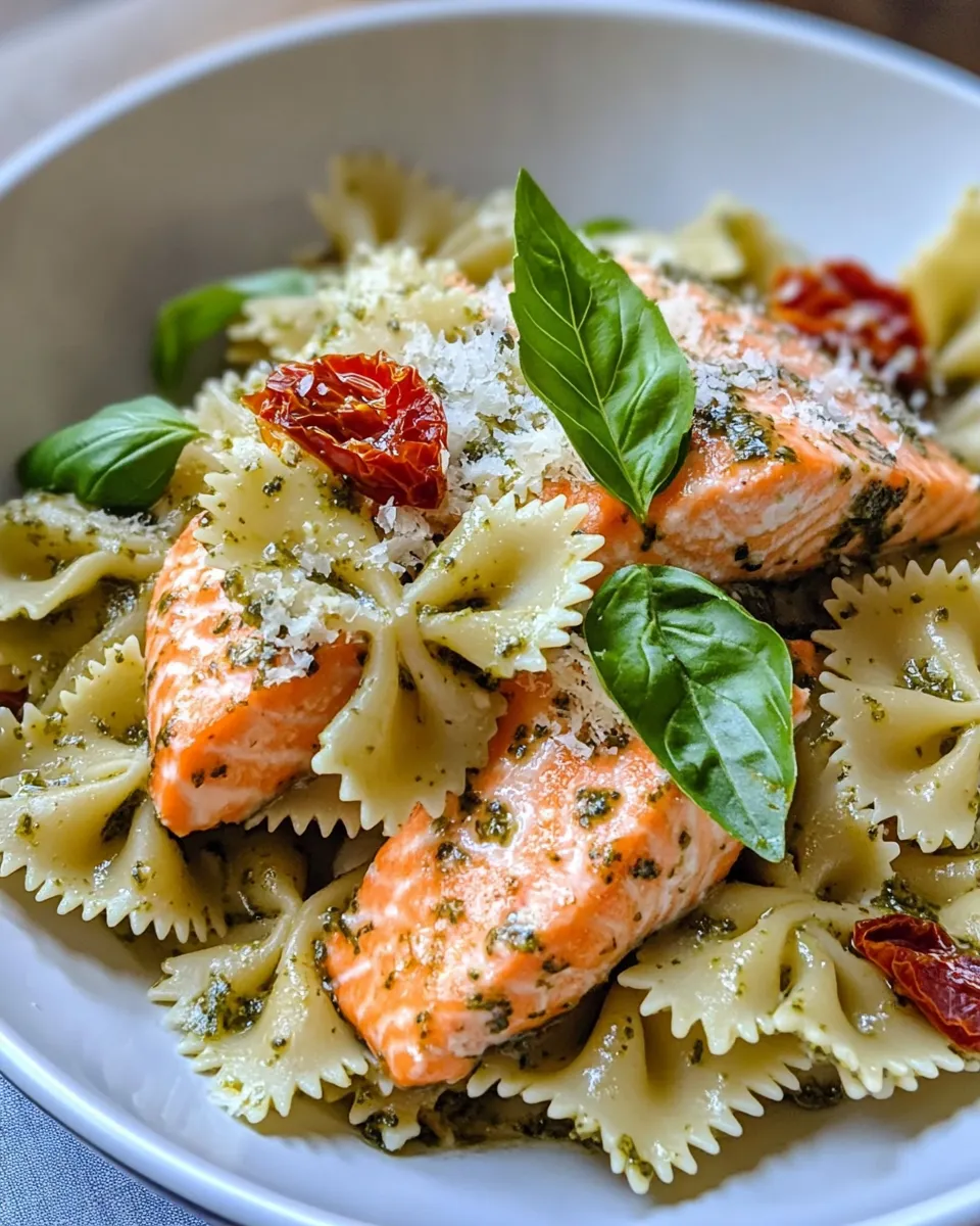 Delicious Creamy Pesto Salmon Farfalle plate image
