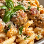 Homemade Creamy Red Pepper Turkey Meatball Cavatappi recipe photo