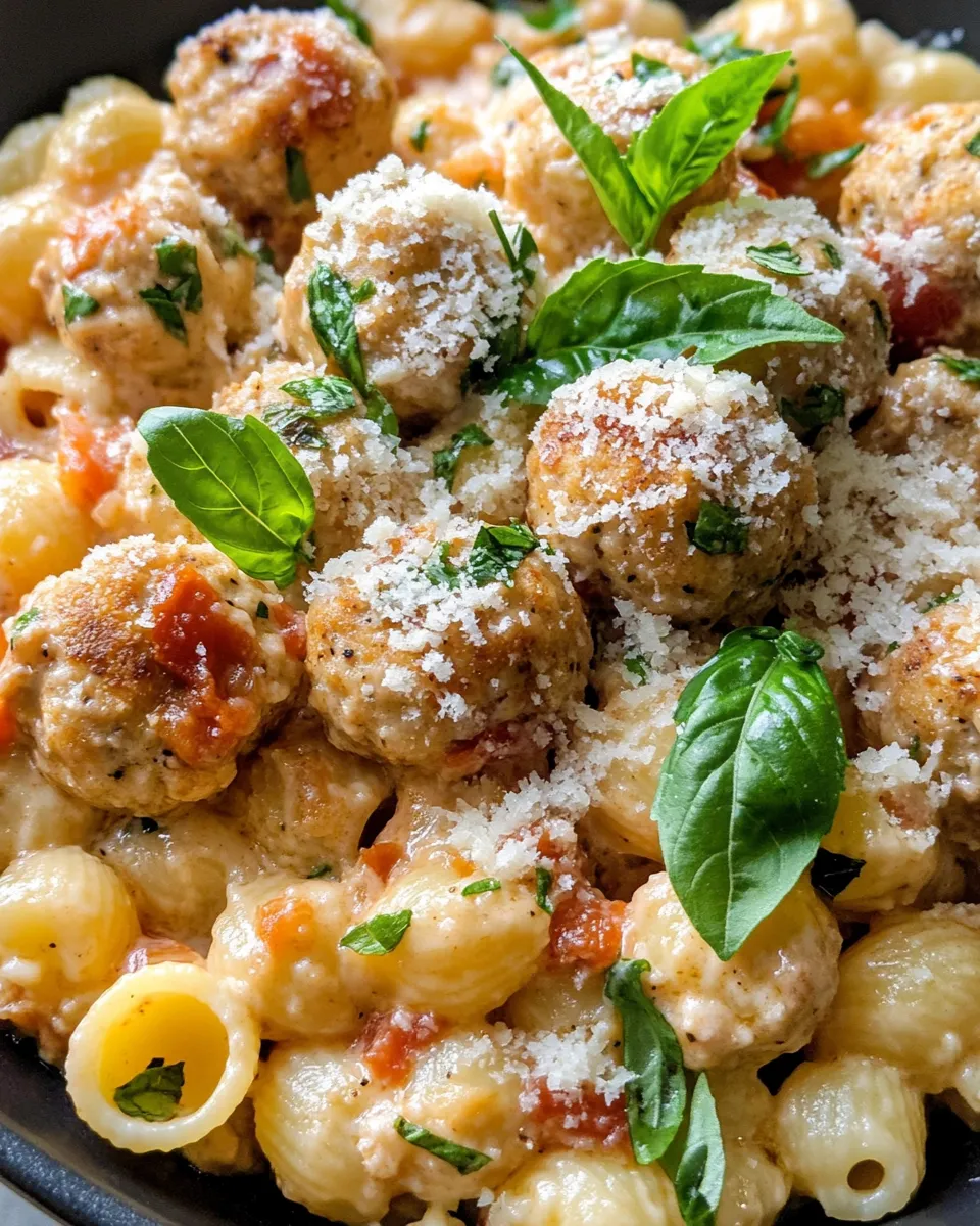 Easy Creamy Red Pepper Turkey Meatball Cavatappi food shot