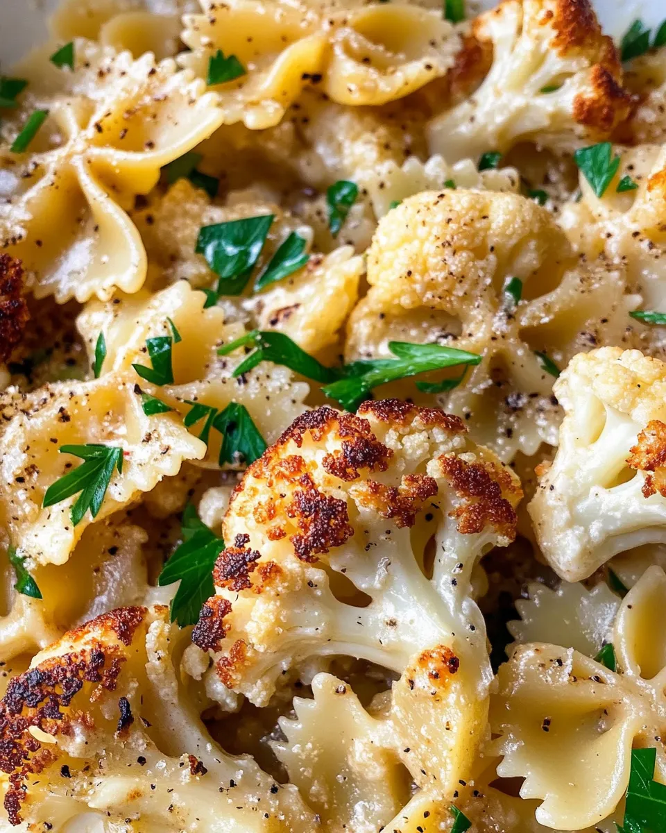 Easy Creamy Roasted Cauliflower and Leek Farfalle food shot