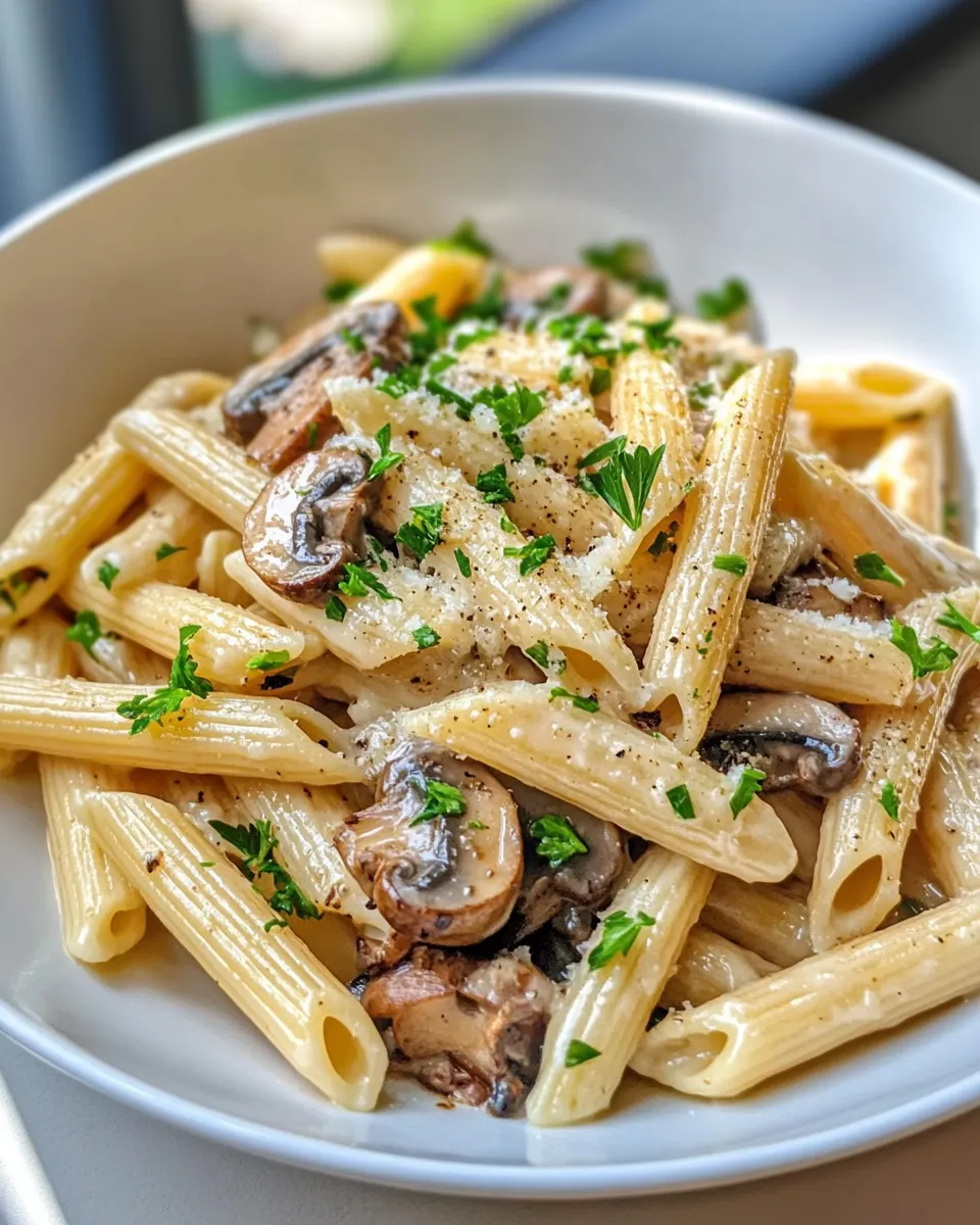 Easy Creamy Roasted Garlic Mushroom Penne food shot