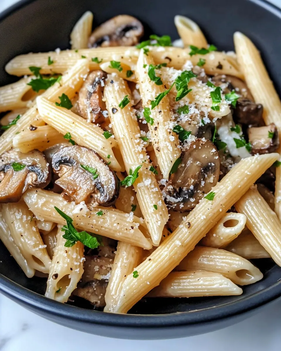 Delicious Creamy Roasted Garlic Mushroom Penne plate image