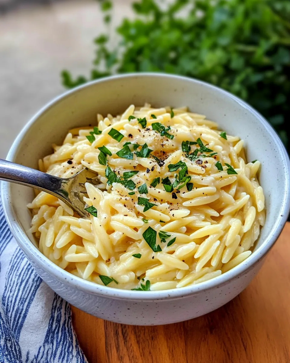 Easy Creamy Roasted Garlic Parmesan Orzo food shot