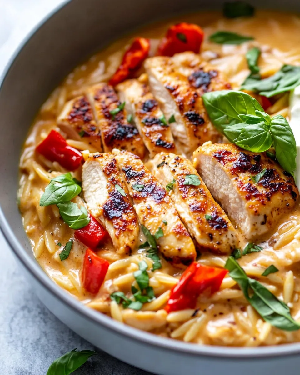 Classic Creamy Roasted Red Pepper Chicken Orzo dish photo