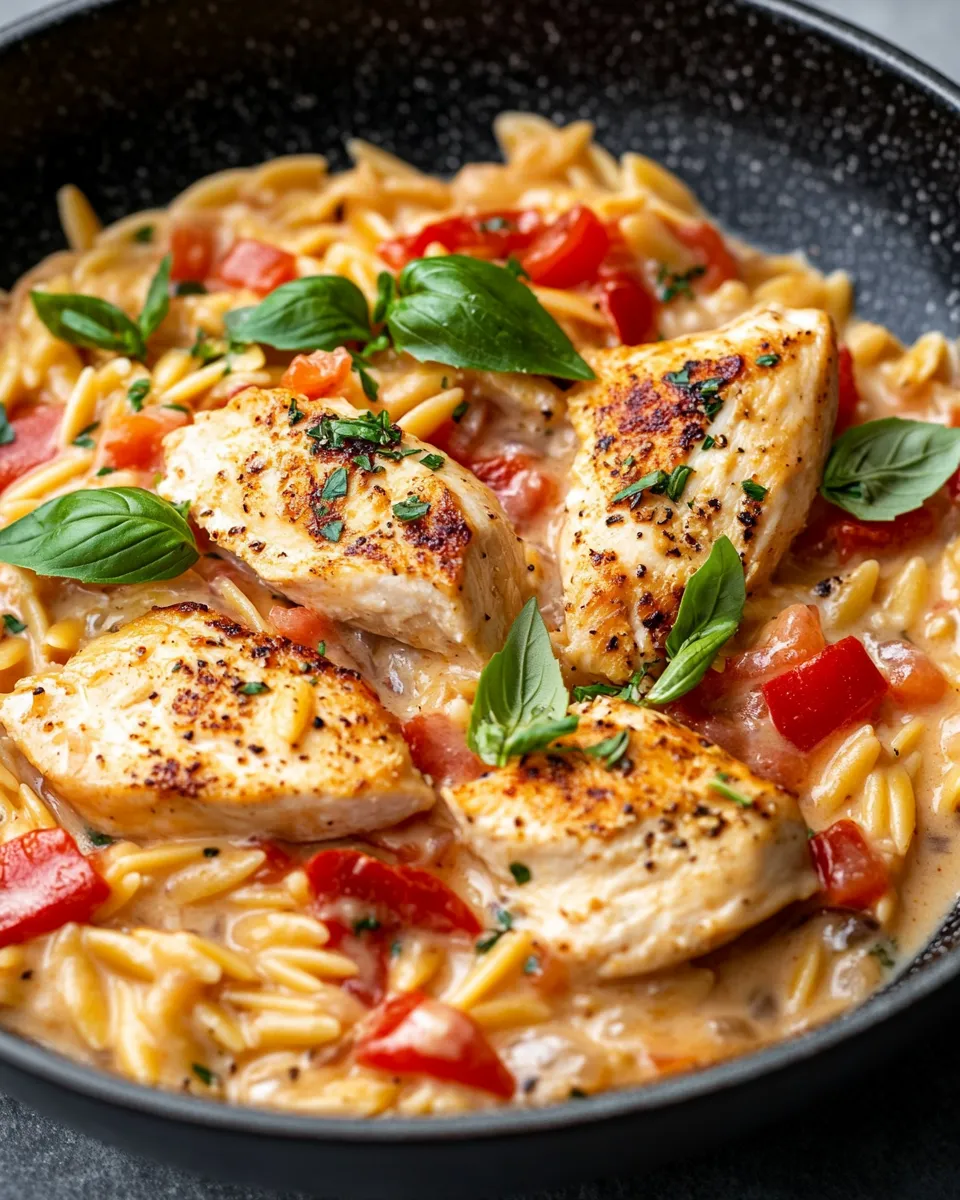 Easy Creamy Roasted Red Pepper Chicken Orzo food shot
