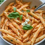 Delicious Creamy Roasted Red Pepper Goat Cheese Penne food shot