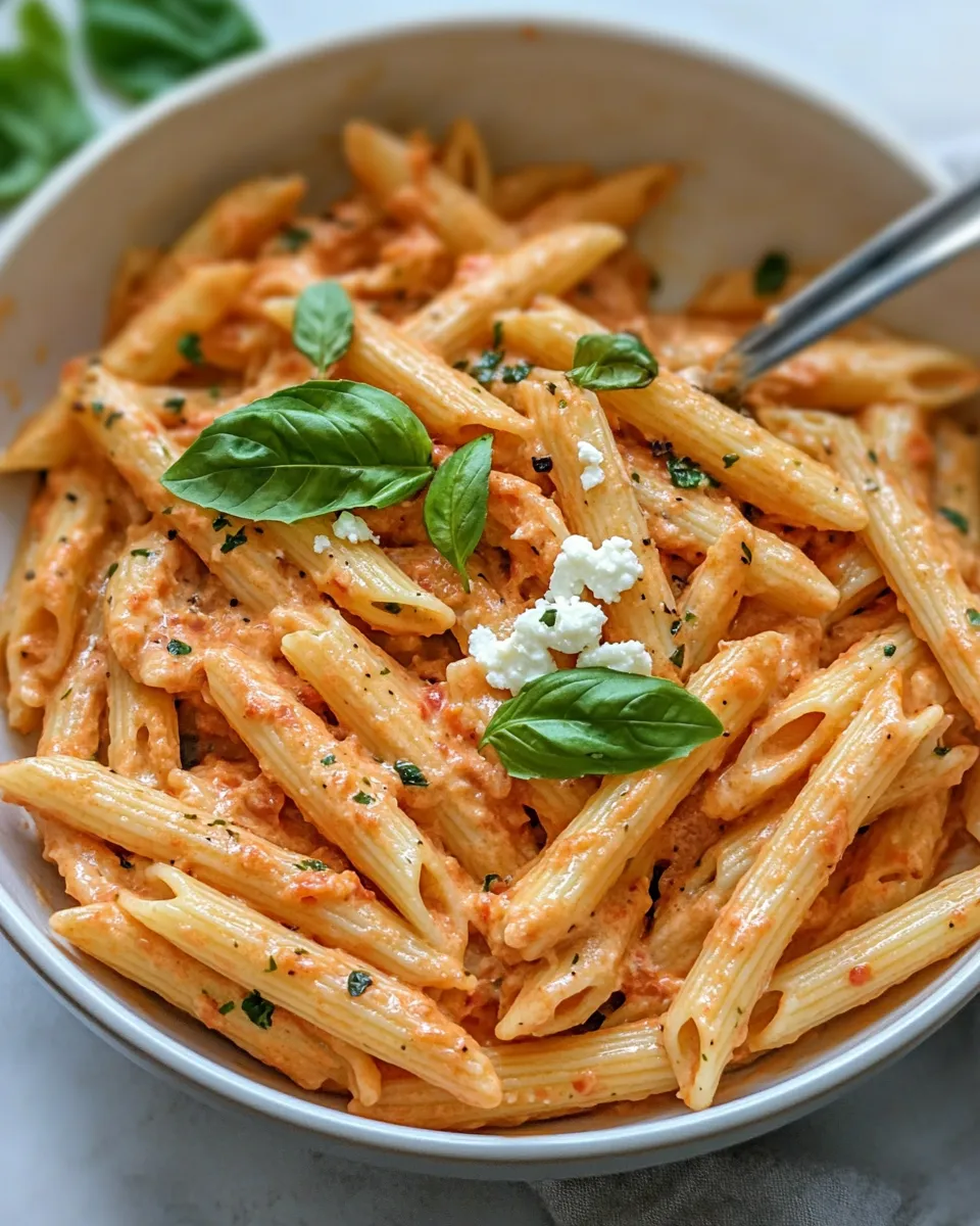 Delicious Creamy Roasted Red Pepper Goat Cheese Penne food shot
