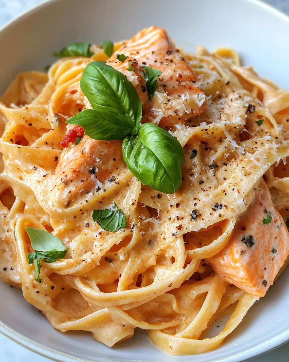 Homemade Creamy Roasted Red Pepper Salmon Pasta recipe photo