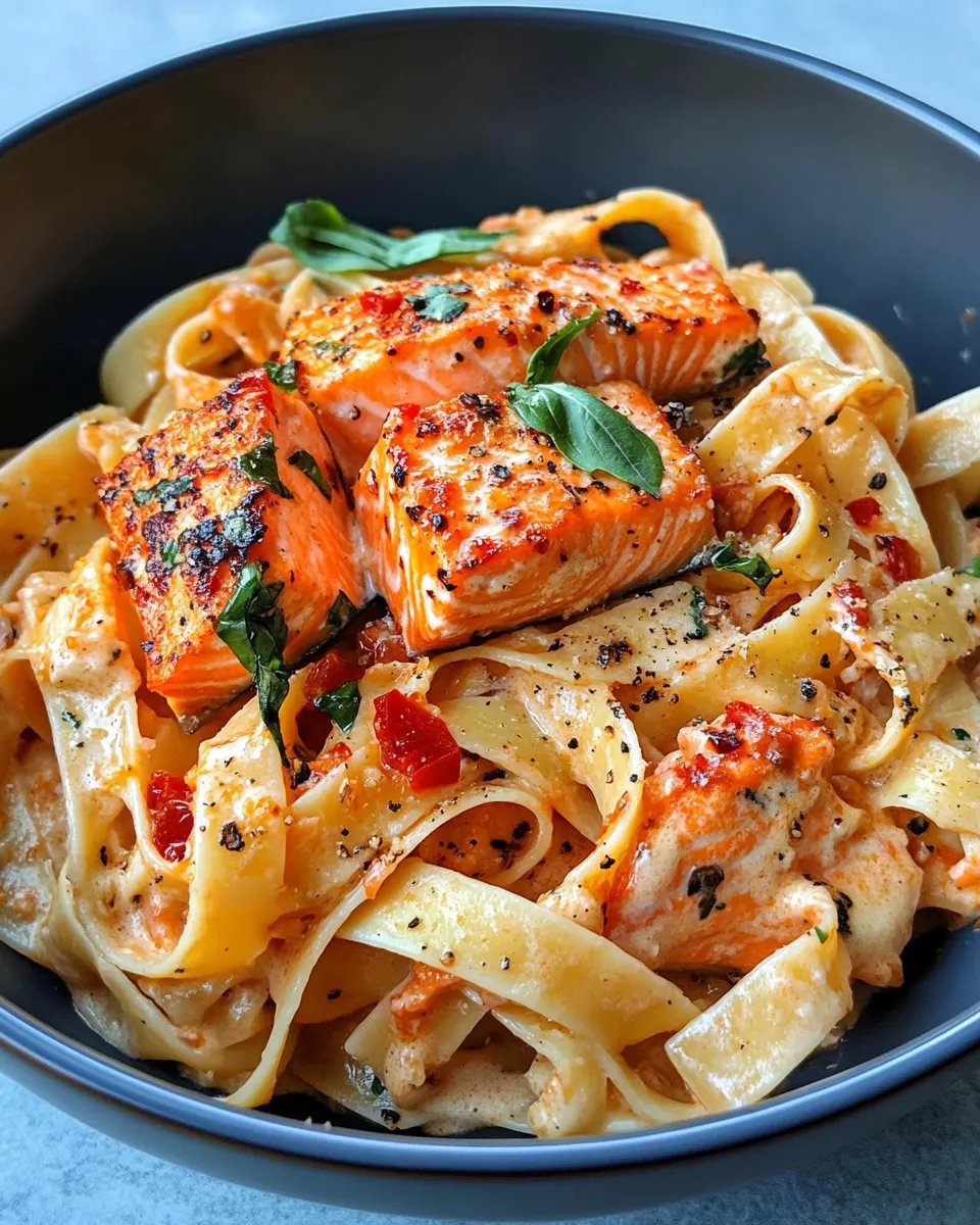 Classic Creamy Roasted Red Pepper Salmon Pasta dish photo