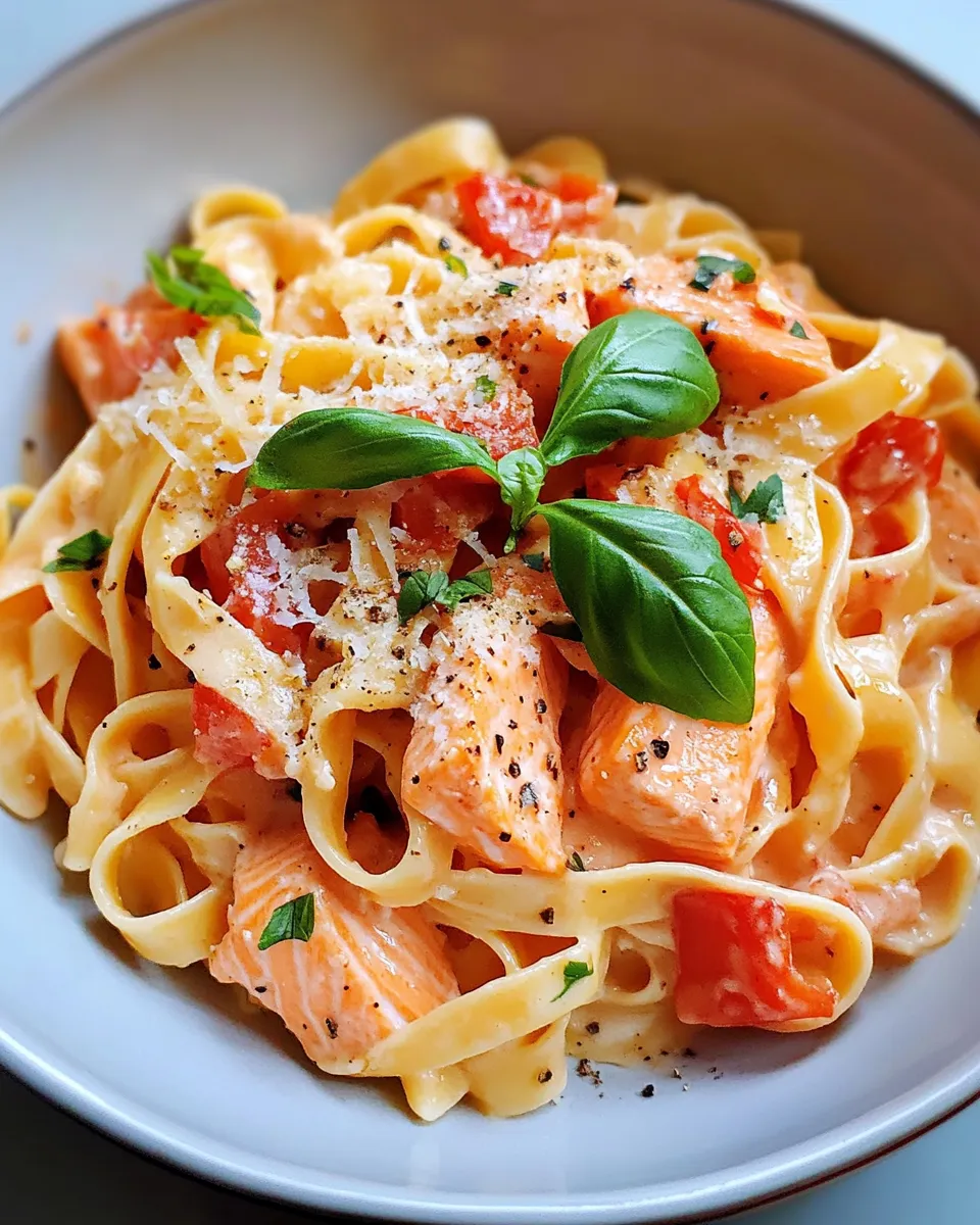 Easy Creamy Roasted Red Pepper Salmon Pasta food shot