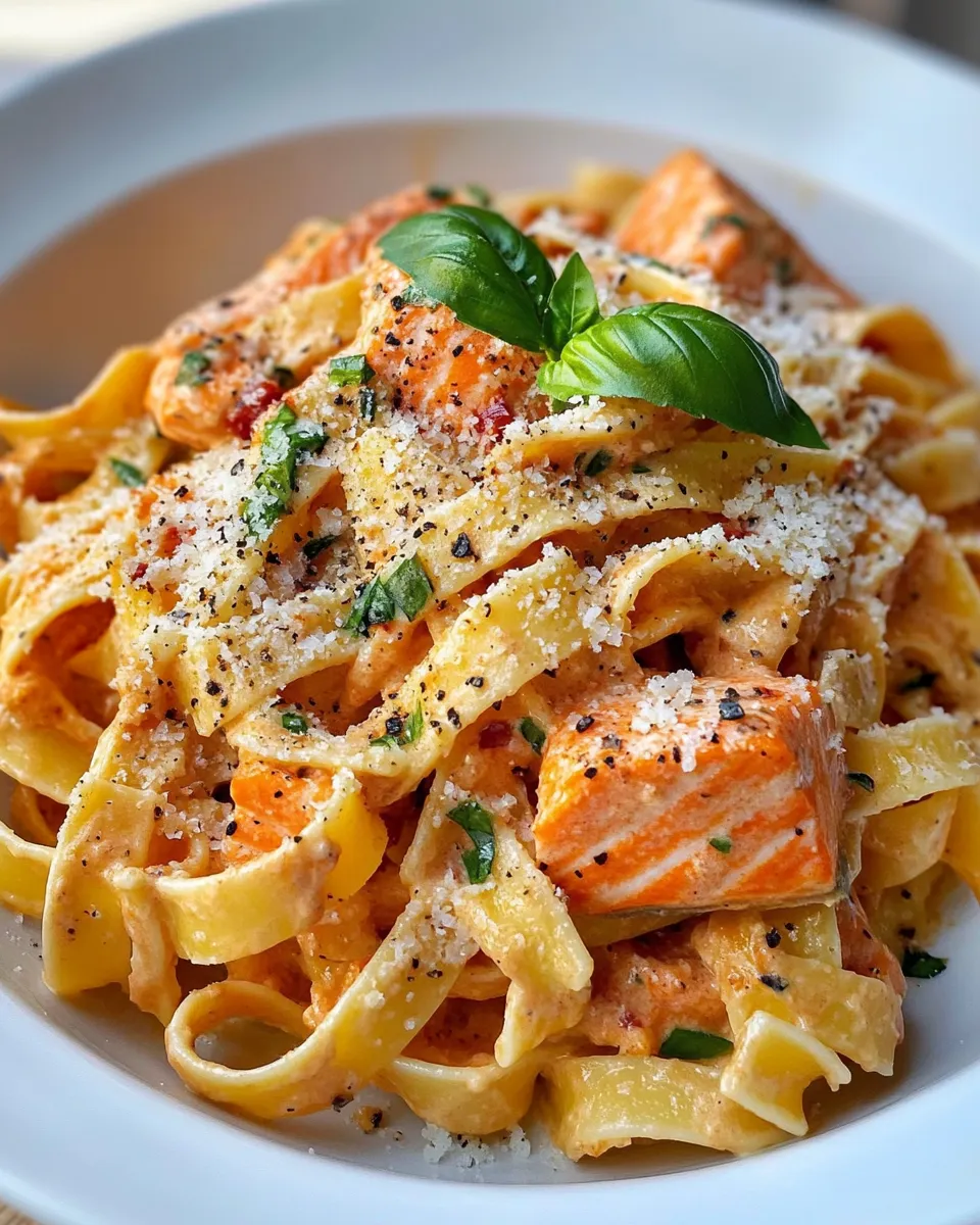Delicious Creamy Roasted Red Pepper Salmon Pasta picture