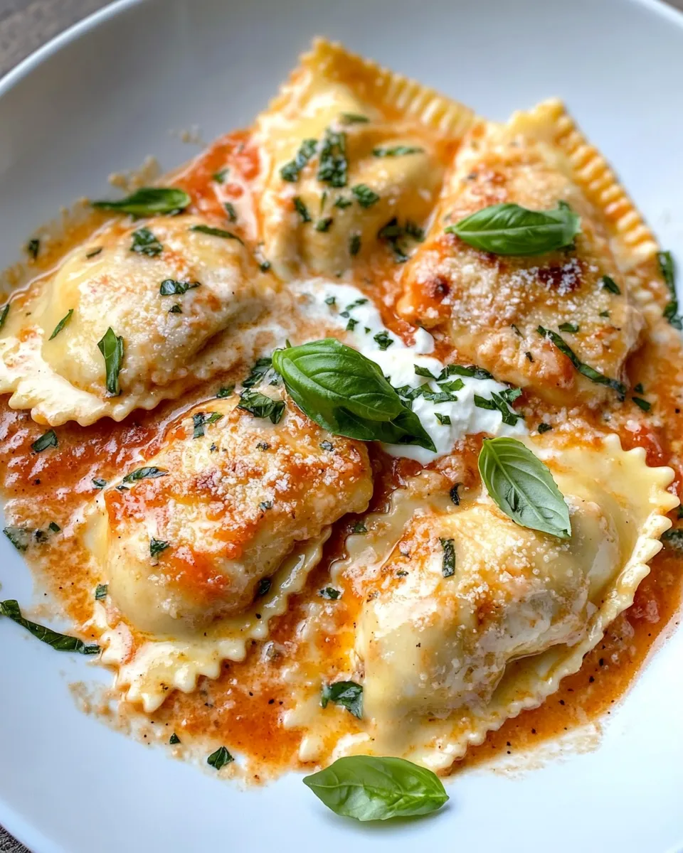 Easy Creamy Tomato Basil Chicken Ravioli food shot