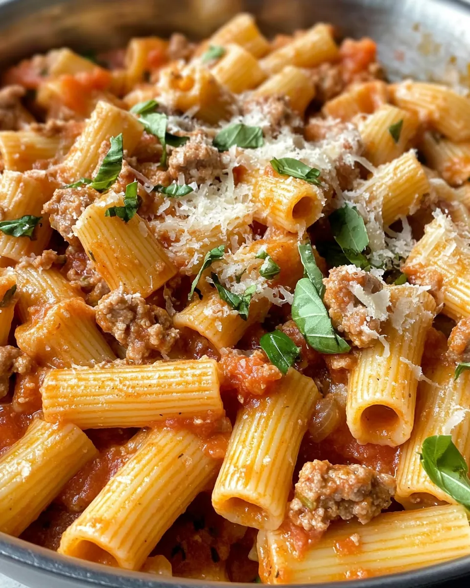 Easy Creamy Tomato Basil Sausage Rigatoni (turkey sausage) food shot