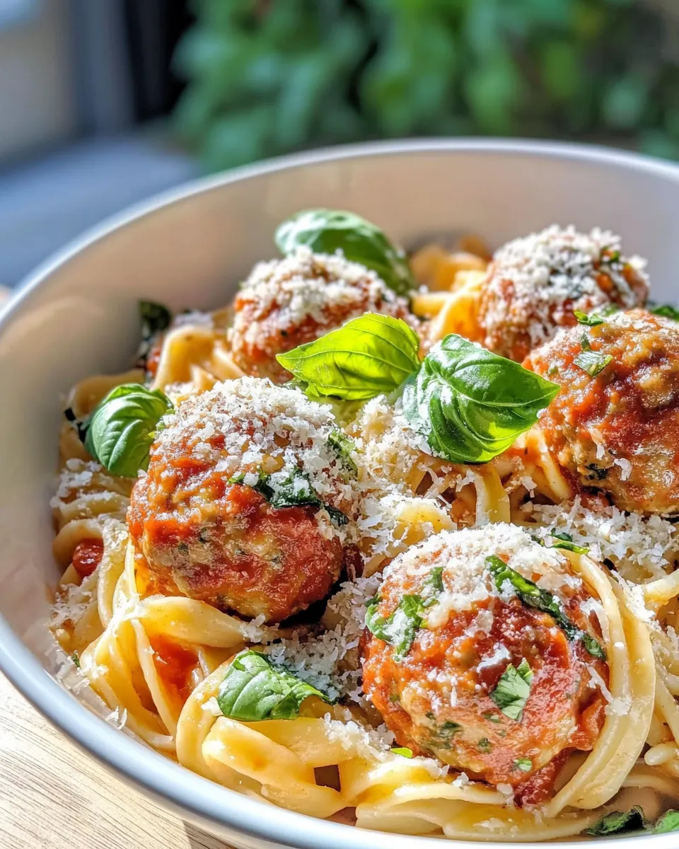 Classic Creamy Tomato Basil Turkey Meatball Pasta dish photo