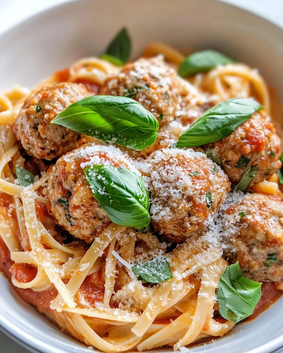 Easy Creamy Tomato Basil Turkey Meatball Pasta food shot
