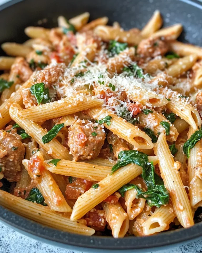 Homemade Creamy Tomato Spinach Sausage Penne (chicken sausage) recipe photo