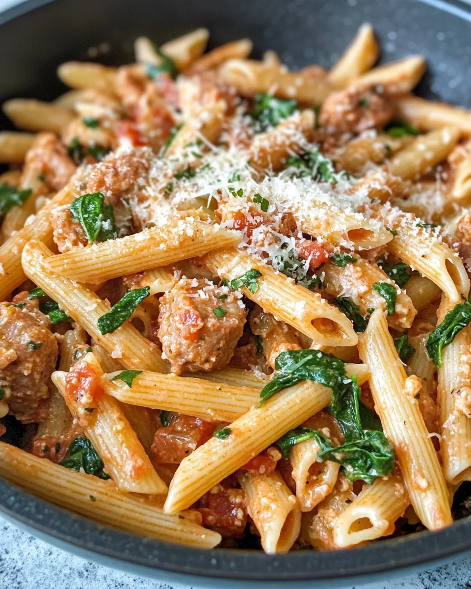 Homemade Creamy Tomato Spinach Sausage Penne (chicken sausage) recipe photo