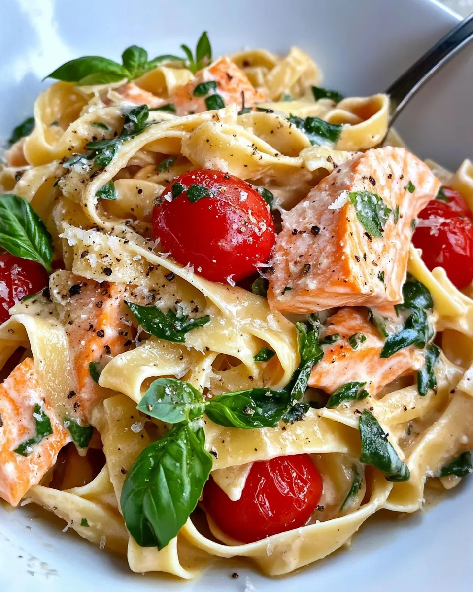 Easy Creamy Tuscan Salmon Tagliatelle food shot