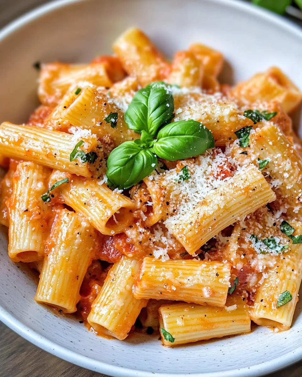 Easy Creamy Vodka Rigatoni with Fresh Basil food shot