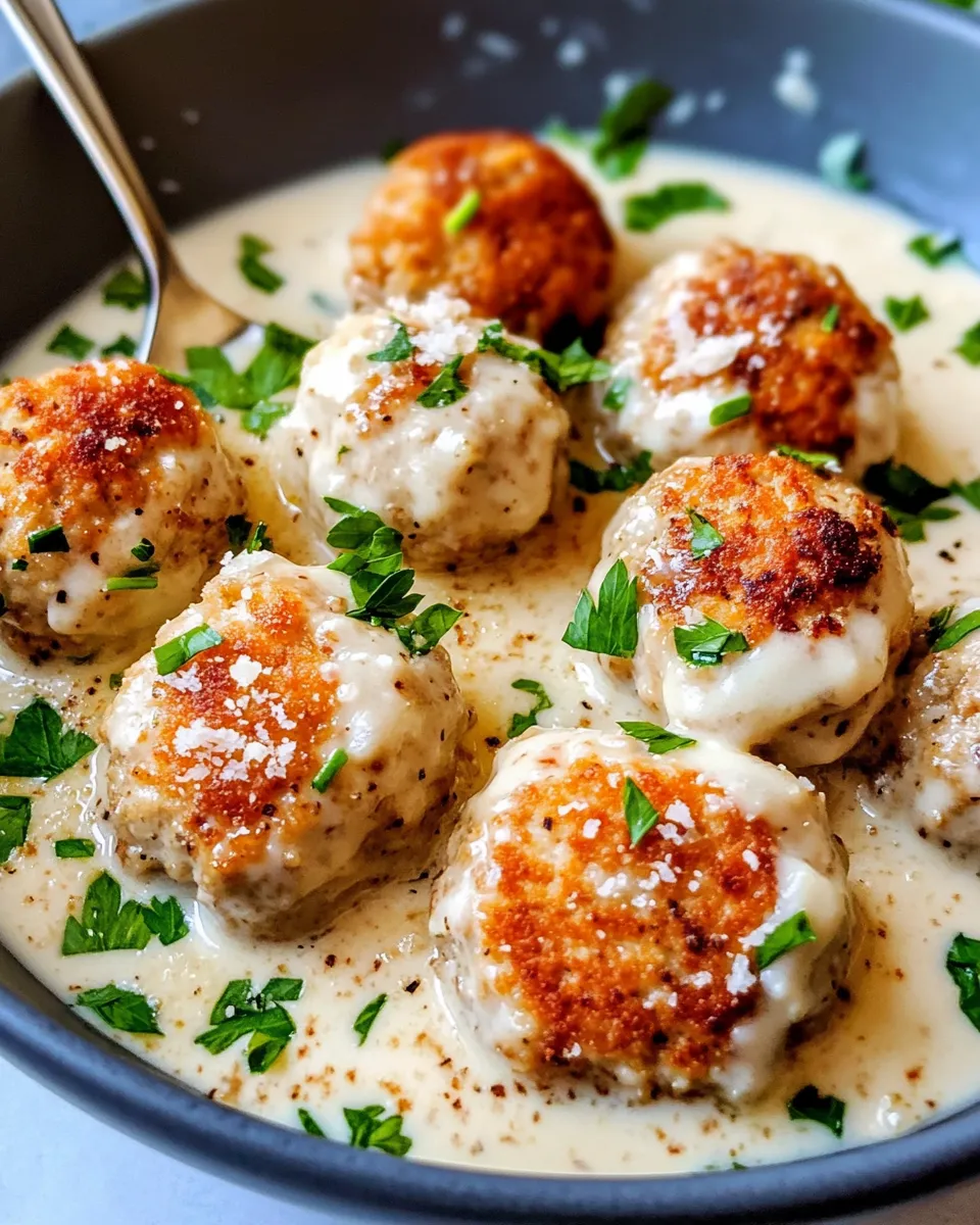 Easy Garlic-Parmesan Chicken Meatballs in Cream Sauce recipe image