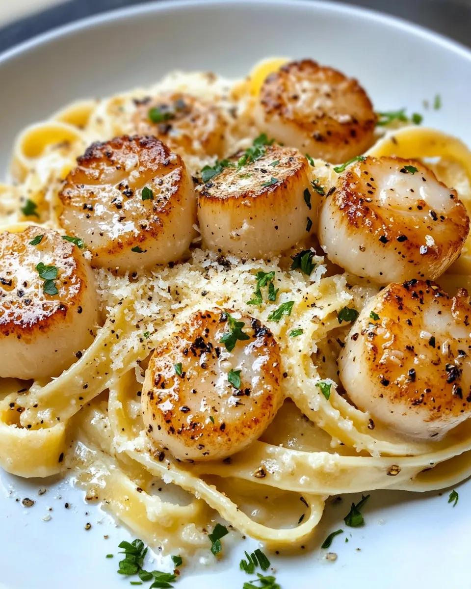 Classic Garlic Butter Scallop Fettuccine food shot