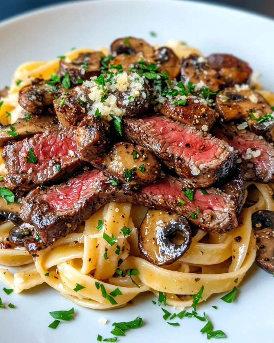 Classic Garlic Butter Steak and Mushroom Fettuccine image