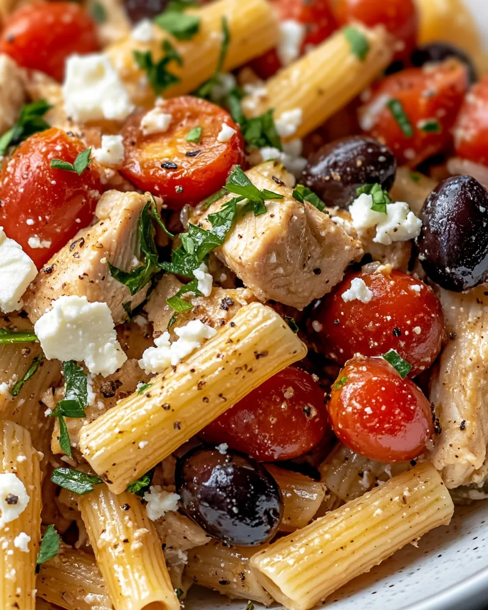 Classic Greek Chicken Pasta with Olives and Feta dish photo