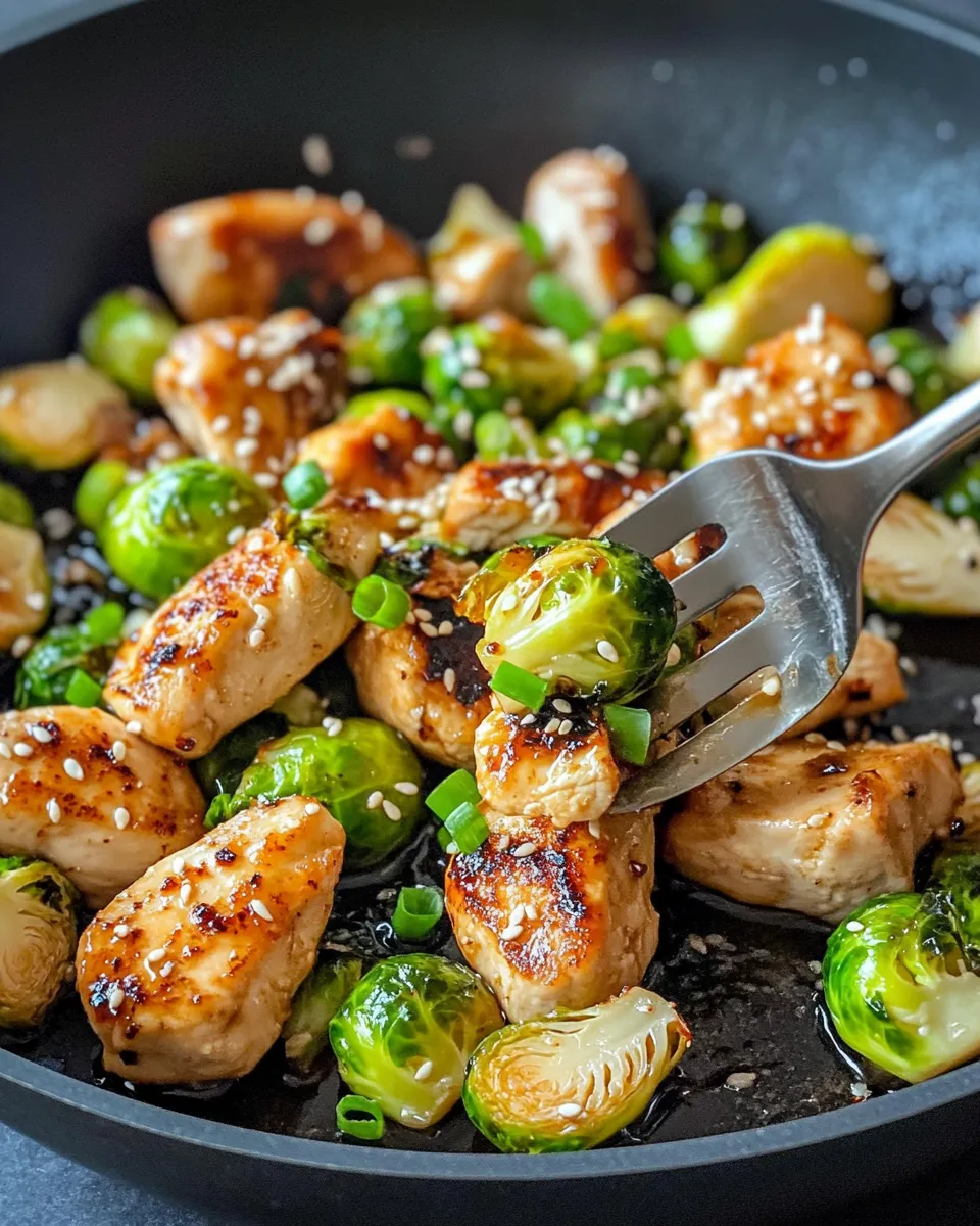 Delicious Honey-Garlic Chicken & Brussels Sprouts Skillet food shot