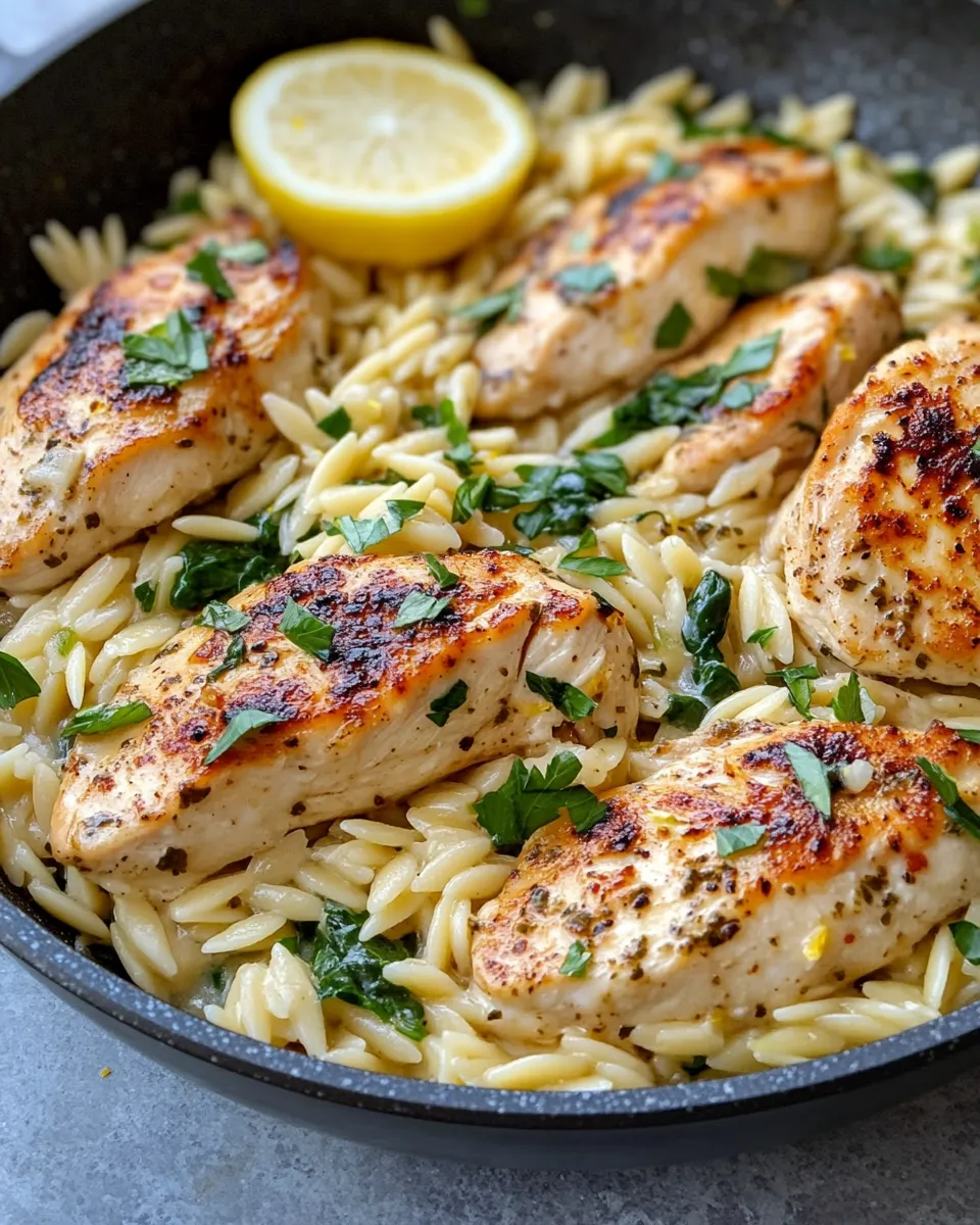 Delicious Lemon Butter Herb Chicken Orzo Skillet dish photo